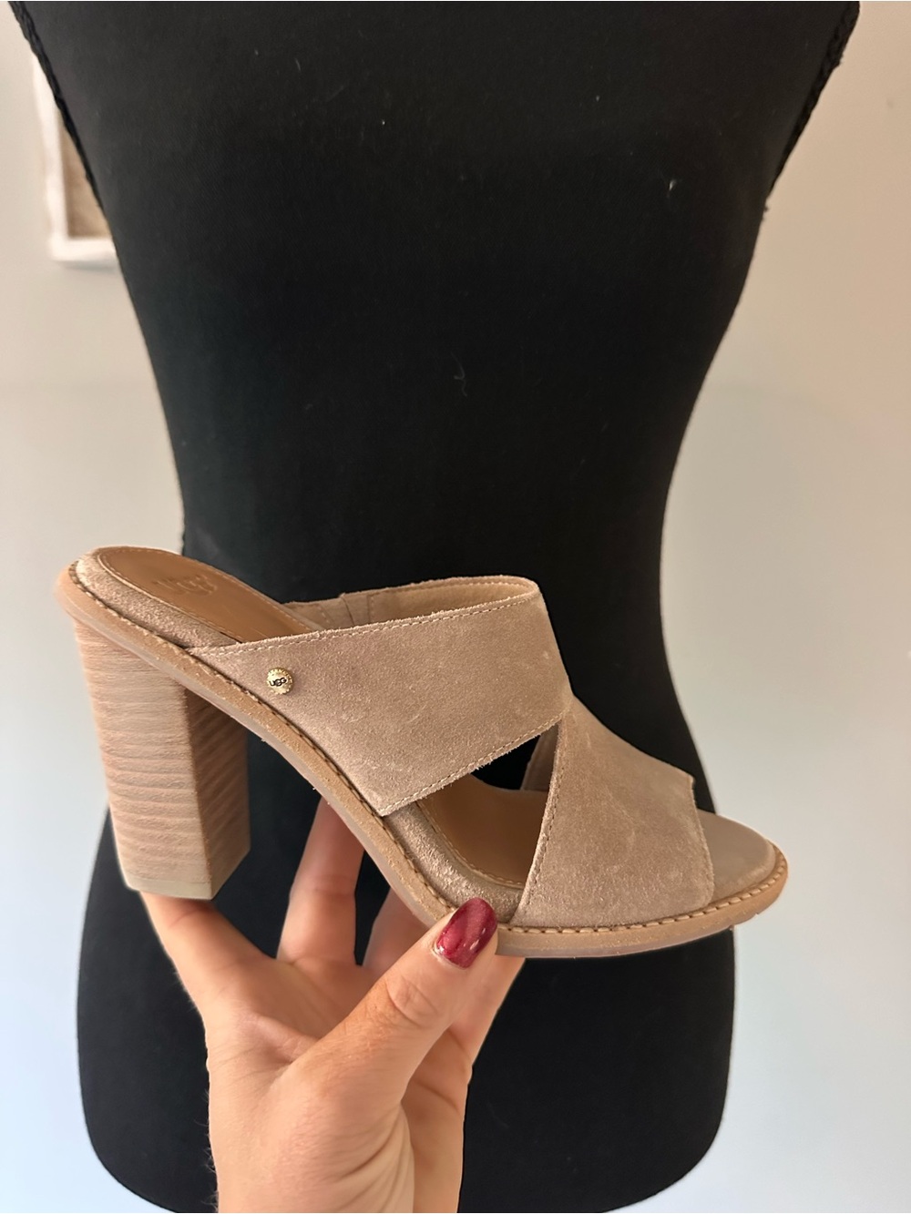 UGG Taupe Suede Open-Toe Block Heel Mule